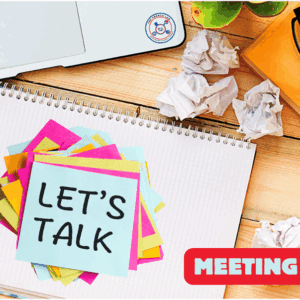 Colorful "LET'S TALK" sticky note on desk