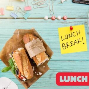 Two baguette sandwiches with 'Lunch Break' note